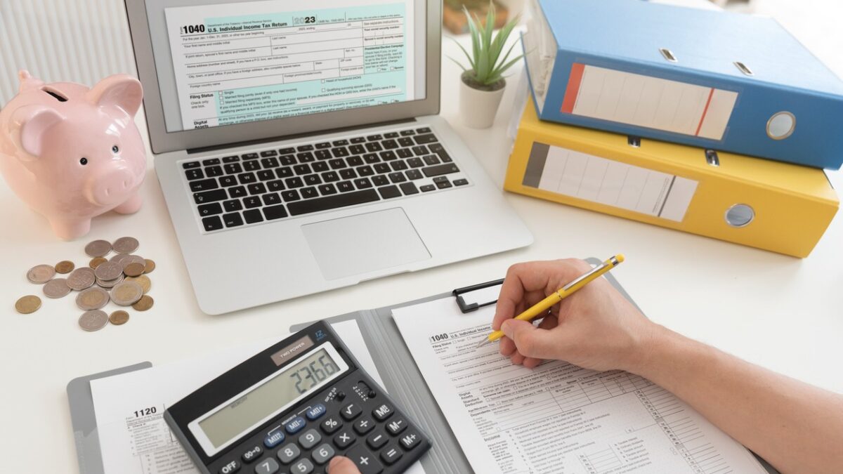 Income tax concept with laptop and US tax forms