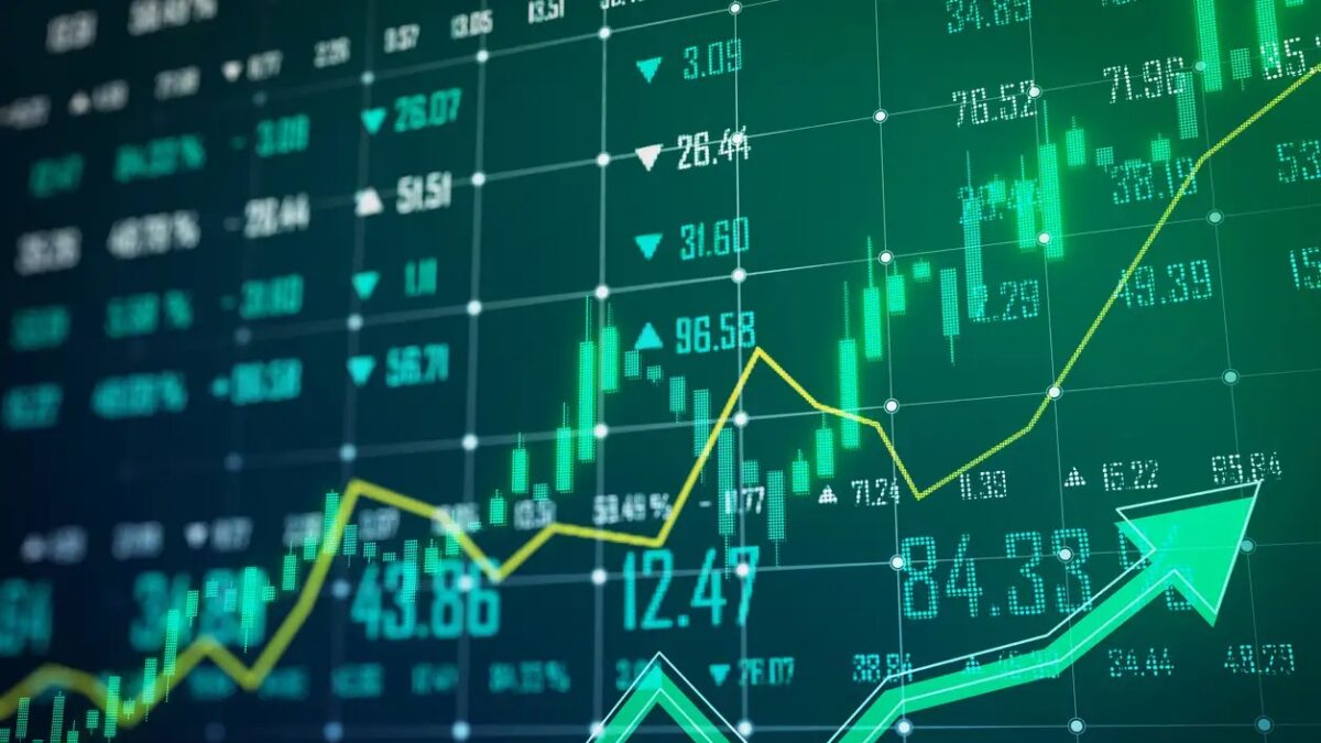 A detailed stock market data display with upward trending arrows indicating positive growth, set on a dark digital background, concept of financial success