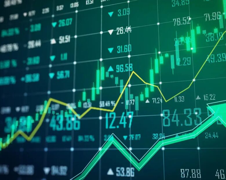 A detailed stock market data display with upward trending arrows indicating positive growth, set on a dark digital background, concept of financial success