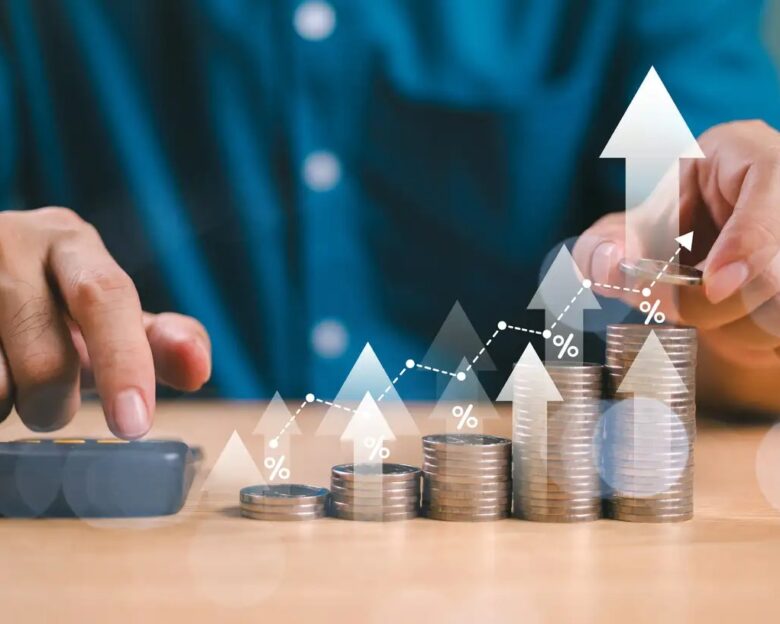 Money interest rate increase concept, percentage commission credit. Grow up stock risk management. Bank policy price raise. Businessman with coin, calculate high percentage of company profit dividend