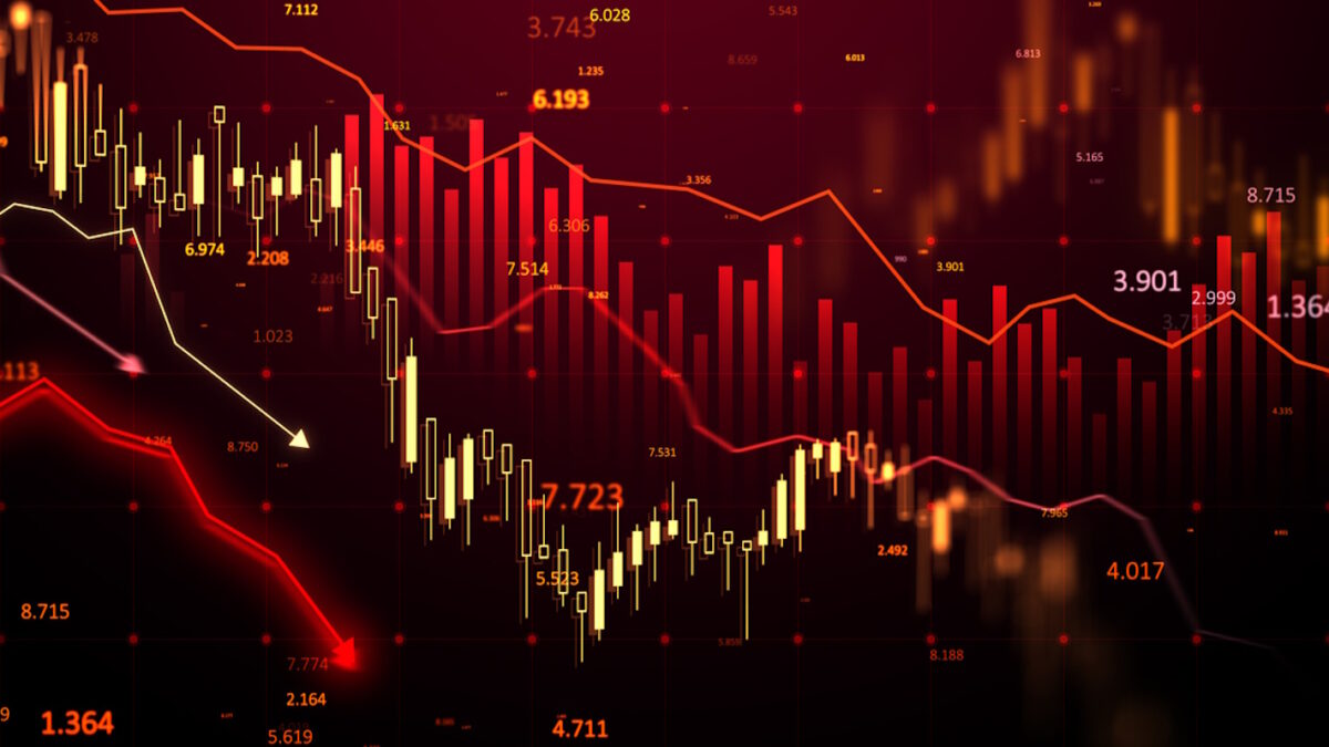 Financial chart with red candlesticks and arrows, glowing numbers, and a dark gradient background. Concept of a stock market crisis. 3D Rendering.