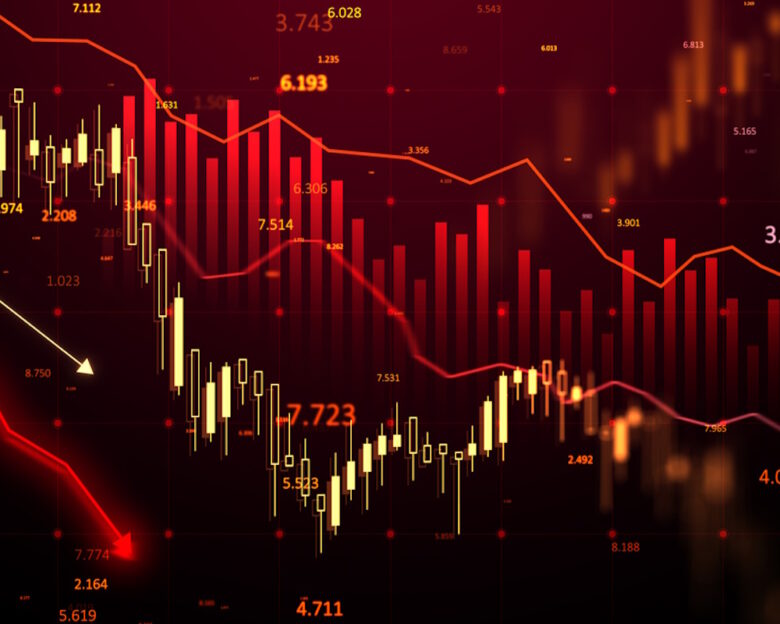 Financial chart with red candlesticks and arrows, glowing numbers, and a dark gradient background. Concept of a stock market crisis. 3D Rendering.