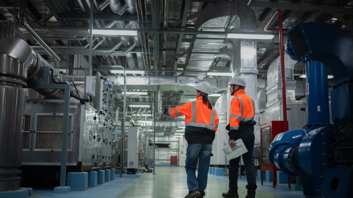 Engineer or technician inspection maintenance industrial facility system of operations HVAC (Heating, Ventilation, and Air Conditioning), chemical processing, or clean energy automated industrial settings.