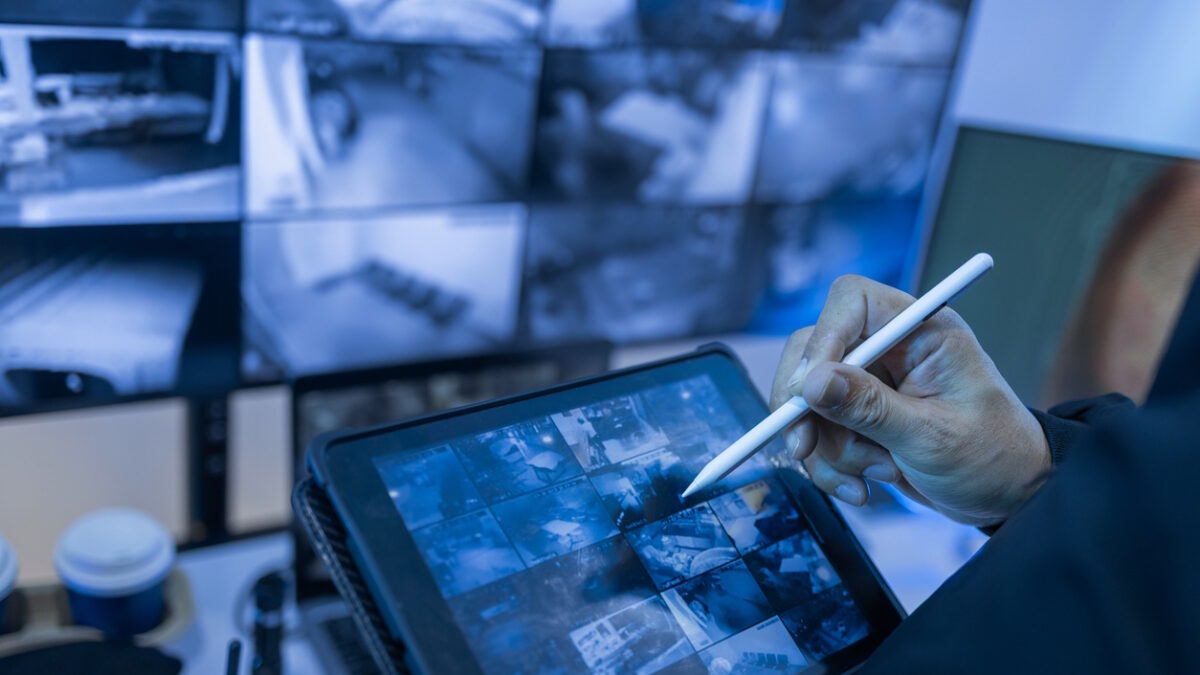 Security Man guard, Working in Control room by cctv monitor for protection, data center or building safety. Inspection, video surveillance agency and control room with footage, View Monitor and computer