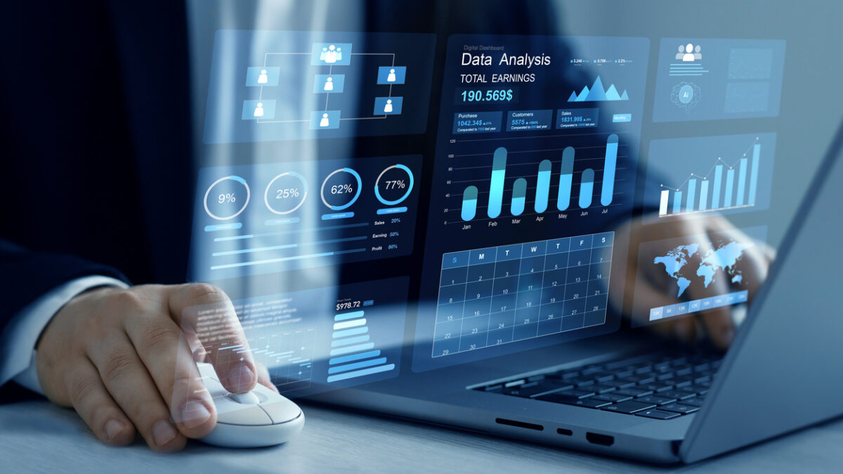 Financial business data analytics graph dashboard. Management data System KPI connected in database for follow earnings,operations and sales data