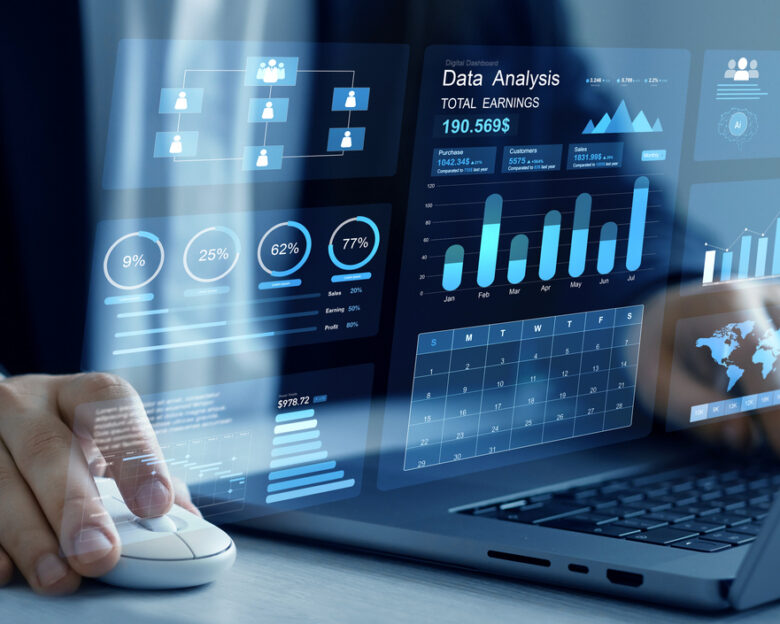 Financial business data analytics graph dashboard. Management data System KPI connected in database for follow earnings,operations and sales data