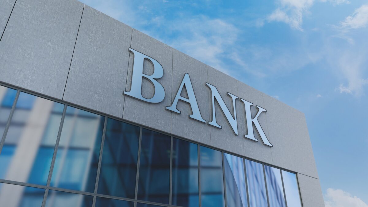 Modern Bank Building Exterior With Reflective Glass Facade. 3D Render