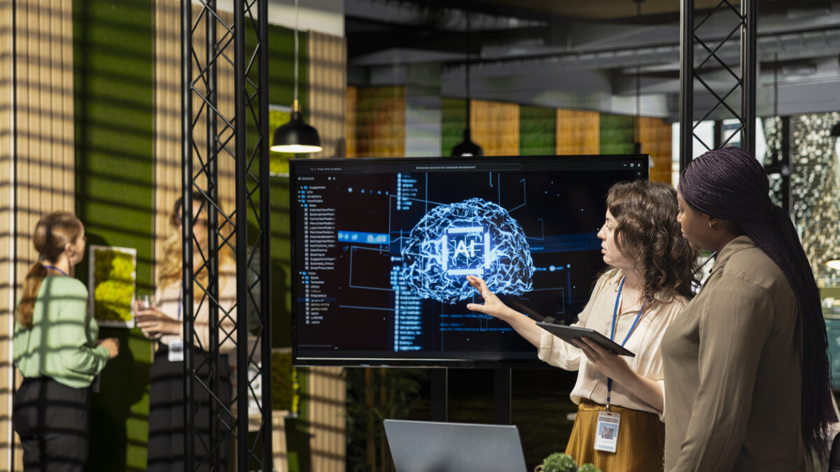 Powerful diverse team leveraging deep learning with big data algorithms, optimizing company performance with AI software and neural networks systems. Business solutions for growth.