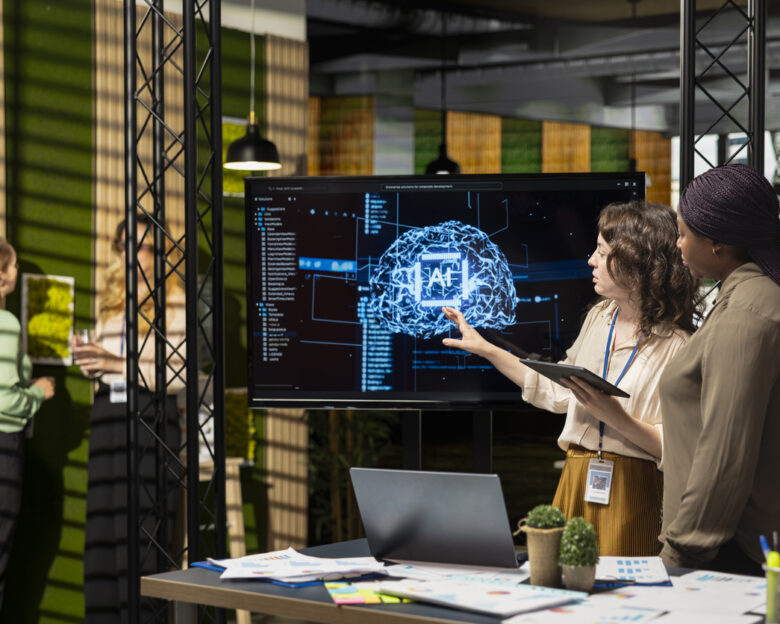 Powerful diverse team leveraging deep learning with big data algorithms, optimizing company performance with AI software and neural networks systems. Business solutions for growth.