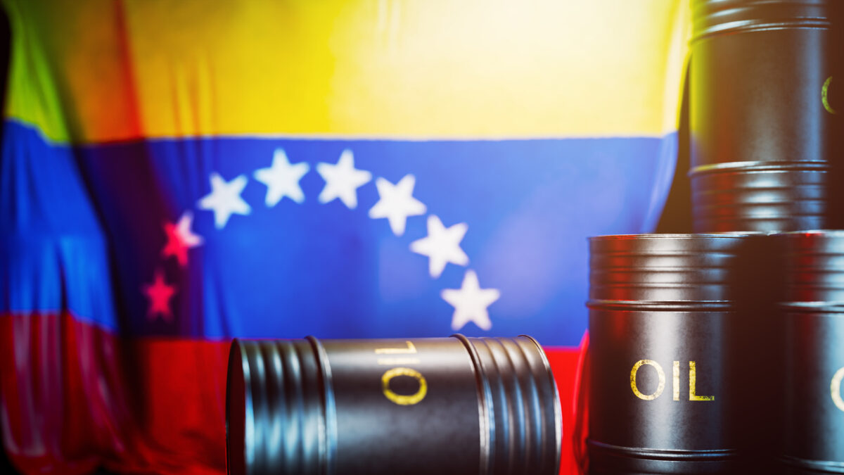 Oil production in Venezuela. The price of oil produced in Venezuela. Venezuelan oil. Black barrels of oil or fuel with the Venezuelan flag. 3D render.
