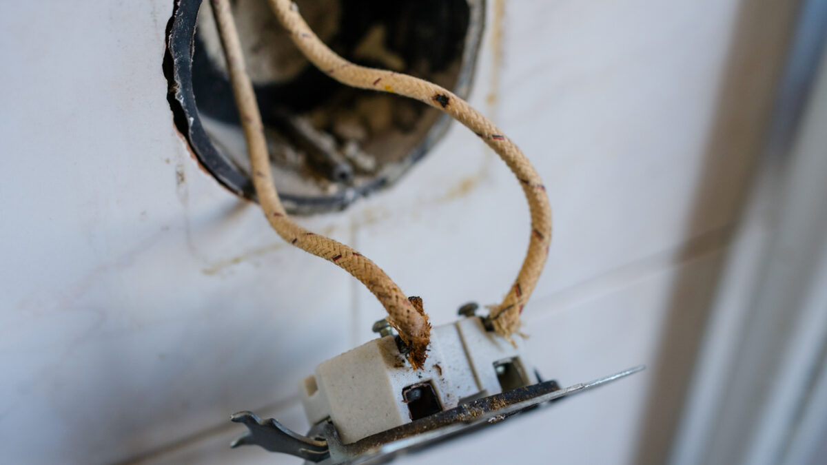 Close-up of old-fashioned cloth insulated electrical wiring in a wall socket. Perfect for showing fire hazards, outdated electrical standards, and home renovation in vintage buildings.