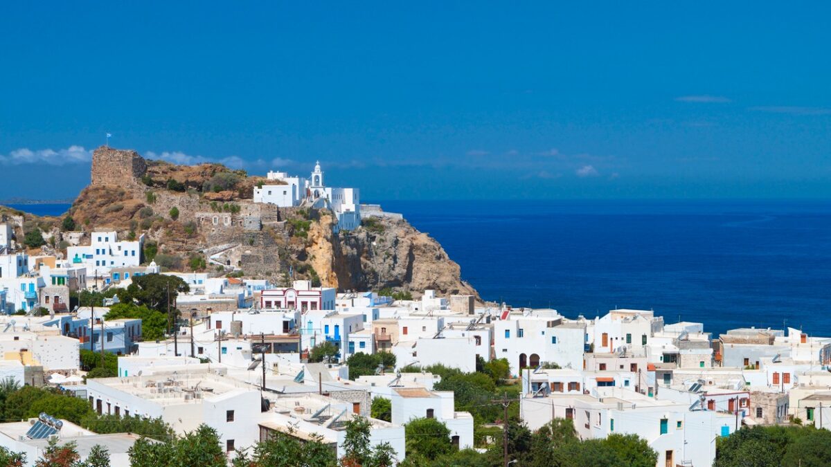 Mandraki village at Nysiros island in Greece. Panagia Spyliani monastery at the background