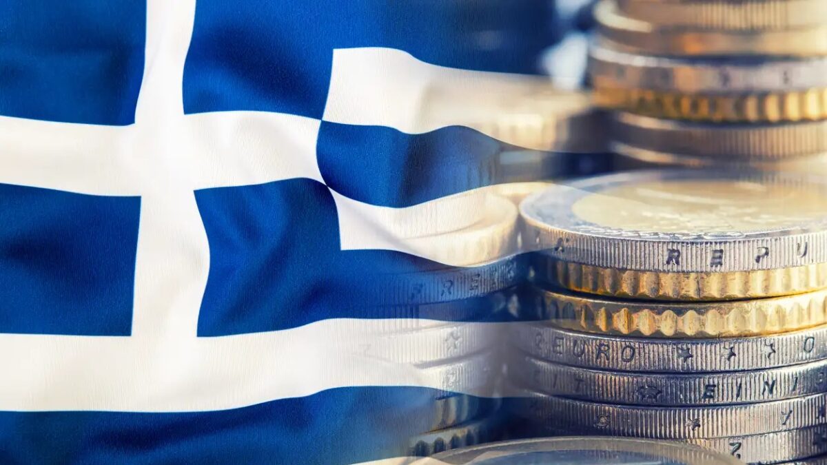 Colorful waving greece flag on a euro money background