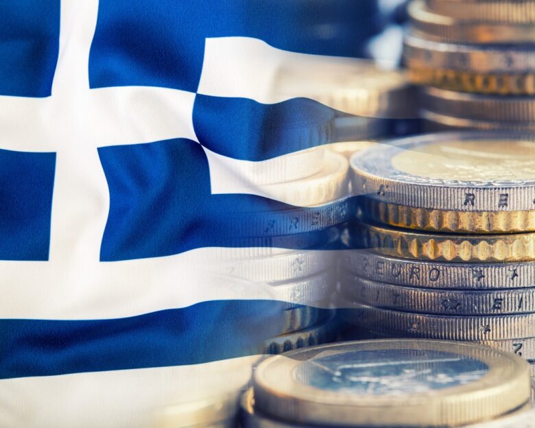 Colorful waving greece flag on a euro money background