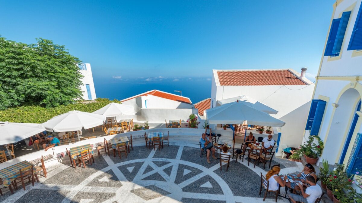 "Porta" square of Nikia village, Nisyros island, Dodecanese, Greece. This is the highest village on the volcano island Nisyros. This image is GPS tagged