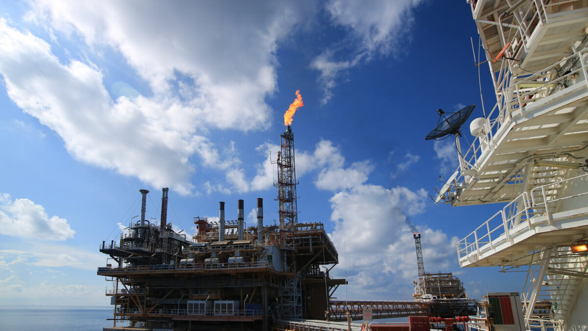 Offshore construction platform for production oil and gas, Oil and gas industry and hard work,Production platform and operation process by manual and auto function, oil and rig industry and operation.
