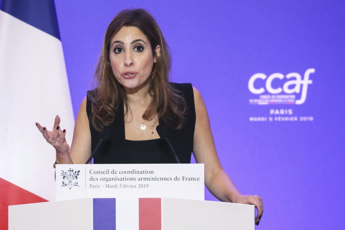 French-Lebanese journalist and TV host Lea Salame speaks during the annual dinner of the Co-ordination Council of Armenian organisations of France (CCAF) on Tuesday Feb. 5, 2019, in Paris. (Ludovic Marin, pool via AP)