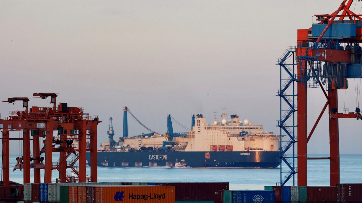FILE PHOTO: Saipem's pipelay vessel Castorone sails in the Bosphorus on its way to the Black Sea, in Istanbul, Turkey July 5, 2022.