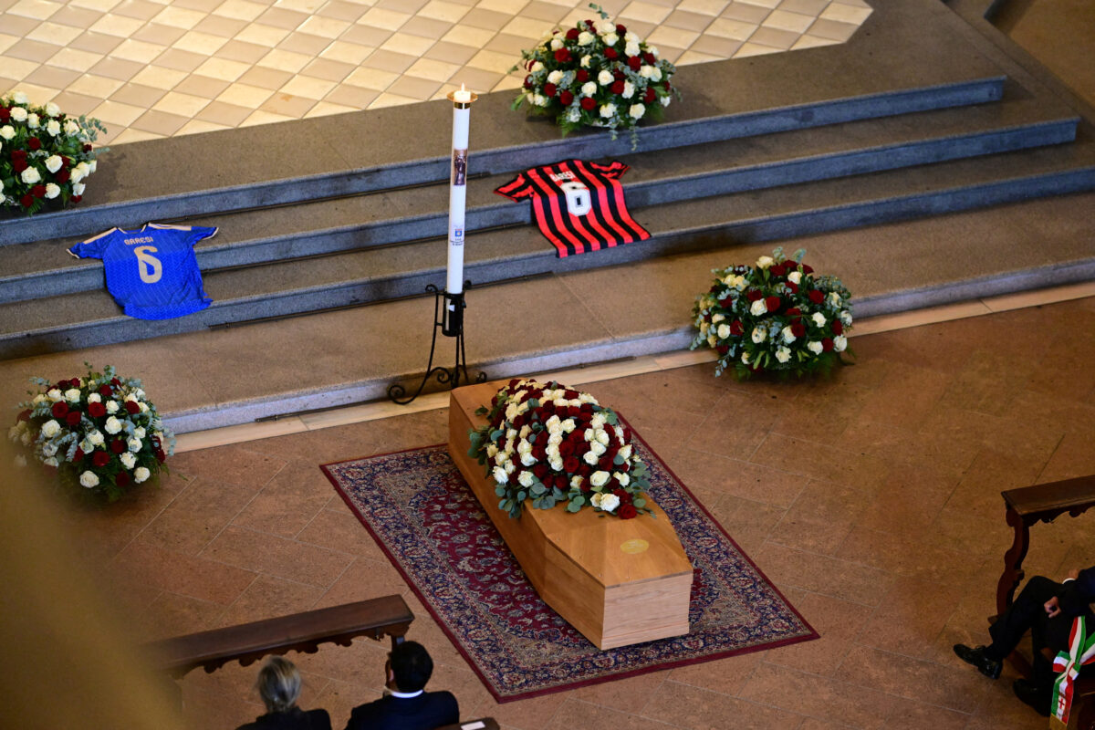 The coffin of former AC Milan and Italy soccer player Franco Baresi during his funeral at the Basilica of Sant'Ambrogio in Milan, Italy, August 4, 2026. REUTERS
