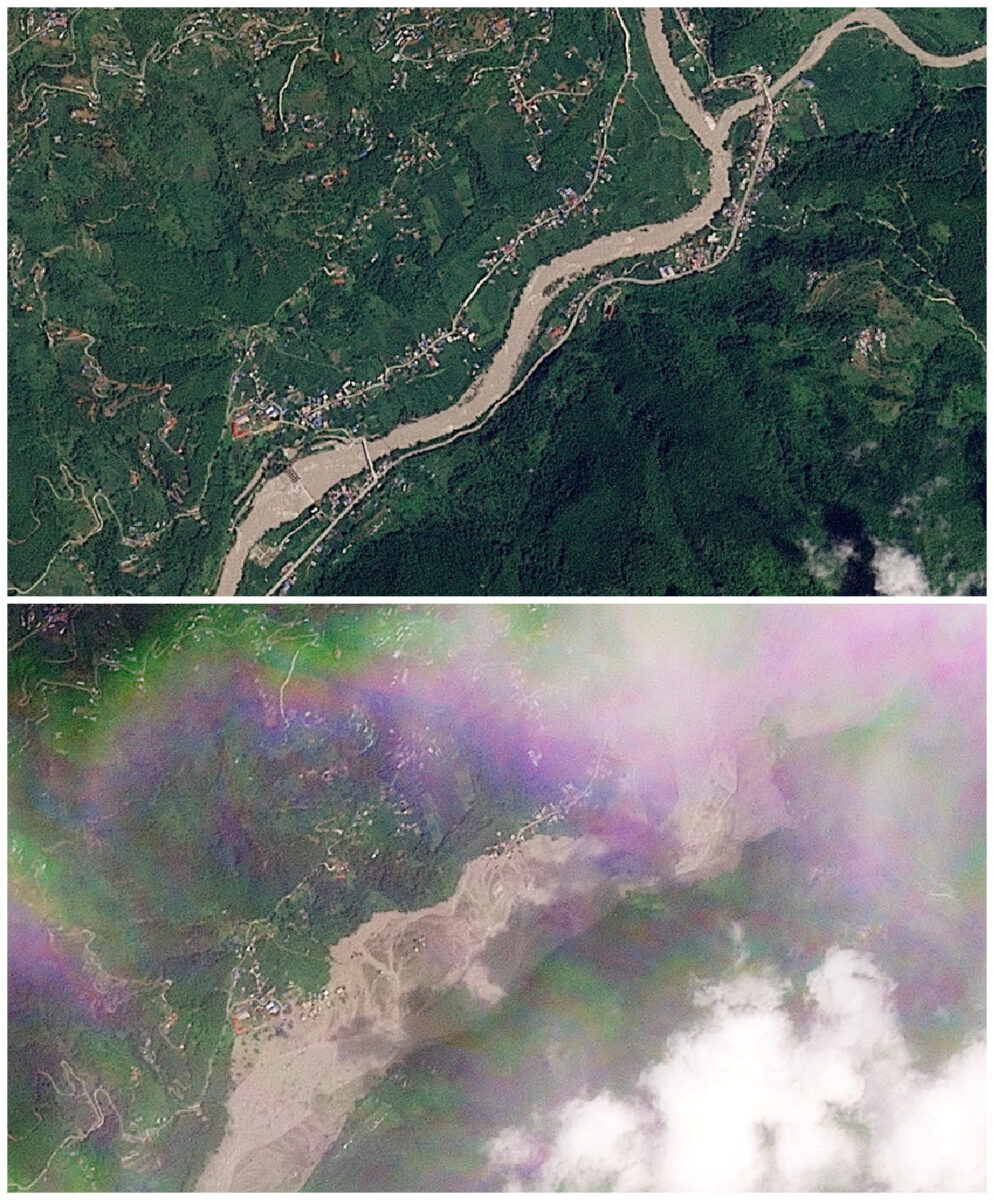 A combination of satellite images shows Tupche on August 23, 2026, before a flash flood (top) and on August 26, 2026, following a flash flood (bottom) that affected the area, Nepal. 2026 PLANET LABS PBC