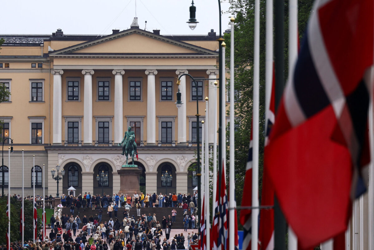 Norwegian flags at half-mast outside the Royal Palace, following the death of Norway's King Harald in Oslo, Norway, August 29, 2026. REUTERS