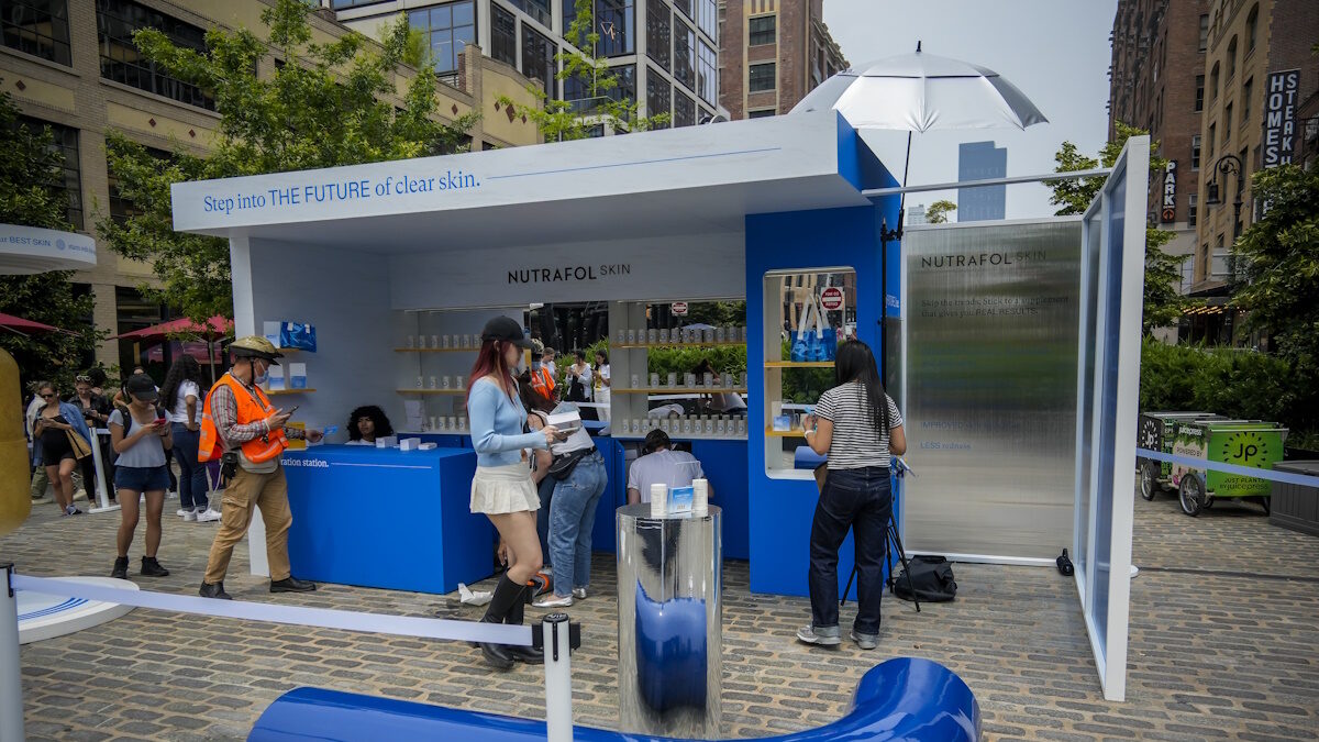 Shoppers line up for samples at a brand activation for Nutrafol Skin in the Meatpacking District in New York on Friday, June 13, 2025. Nutrafol is a brand of the Unilever conglomerate. (Photo by Richard B. Levine)