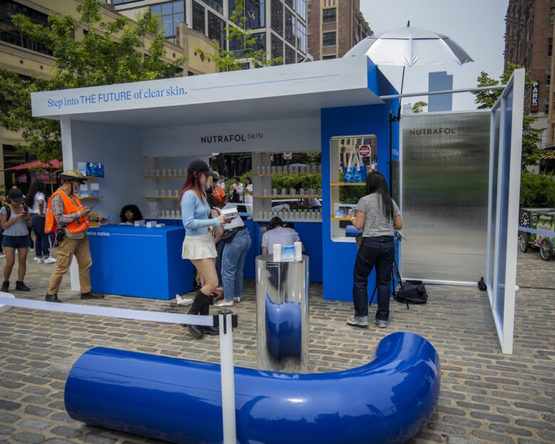 Shoppers line up for samples at a brand activation for Nutrafol Skin in the Meatpacking District in New York on Friday, June 13, 2025. Nutrafol is a brand of the Unilever conglomerate. (Photo by Richard B. Levine)