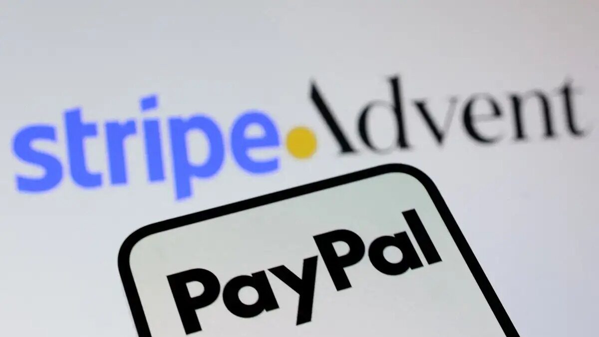 FILE PHOTO: PayPal, Stripe and Advent International logos are seen in this illustration taken July 15, 2026.