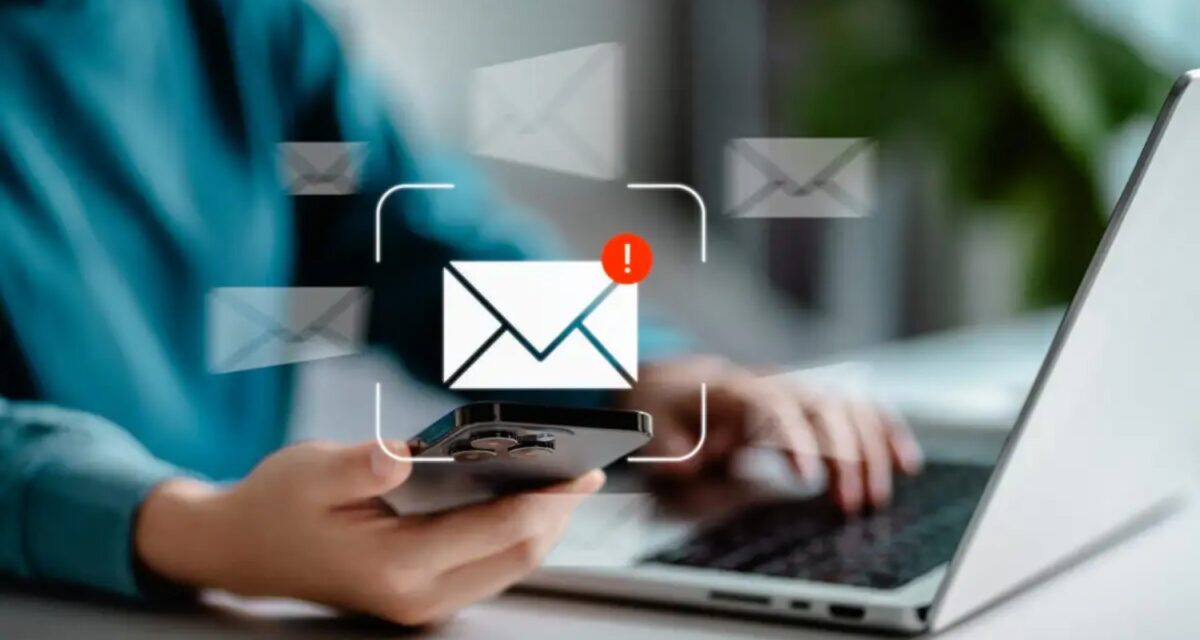 Women using smartphones check email notifications inbox have spam viruses message with warning caution, junk and trash mail, security terms cybersecurity concept