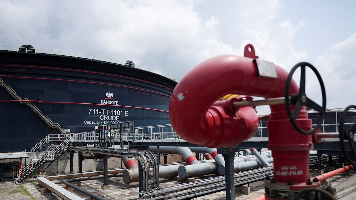 FILE PHOTO: A Dangote crude oil tank is seen inside the Dangote Industries oil refinery and fertilizer plant site in the Ibeju Lekki district of Lagos, Nigeria March 2, 2026.