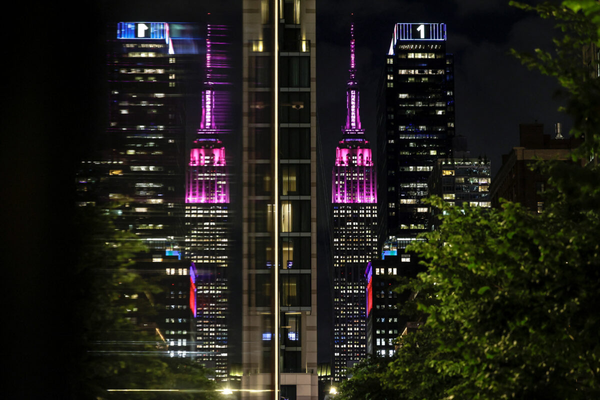 The Empire State Building is lit pink in tribute to Dolly Parton after the announcement of her death at age 80, in New York City, U.S., August 25, 2026. REUTERS