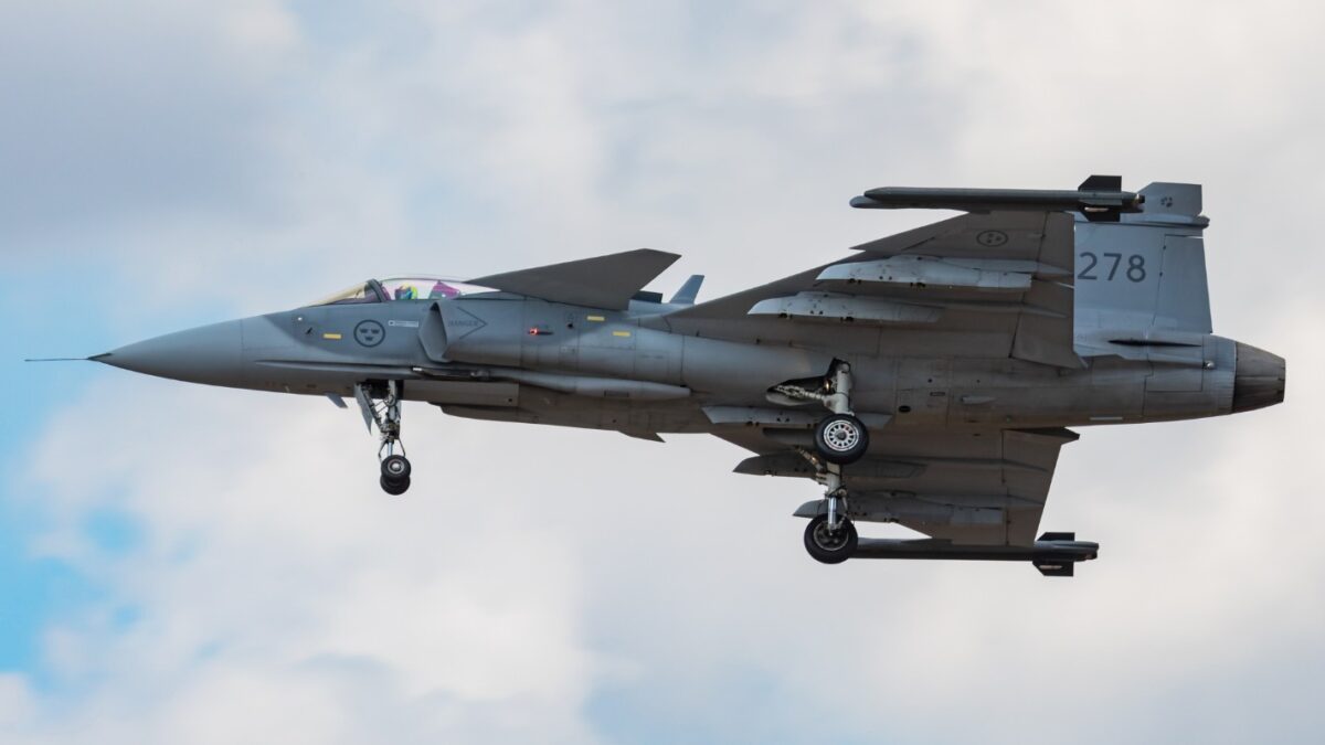 FAIRFORD / UNITED KINGDOM - JULY 11, 2018: Swedish Air Force JAS 39C Gripen 39278 fighter jet display at RIAT Royal International Air Tattoo 2018 airshow