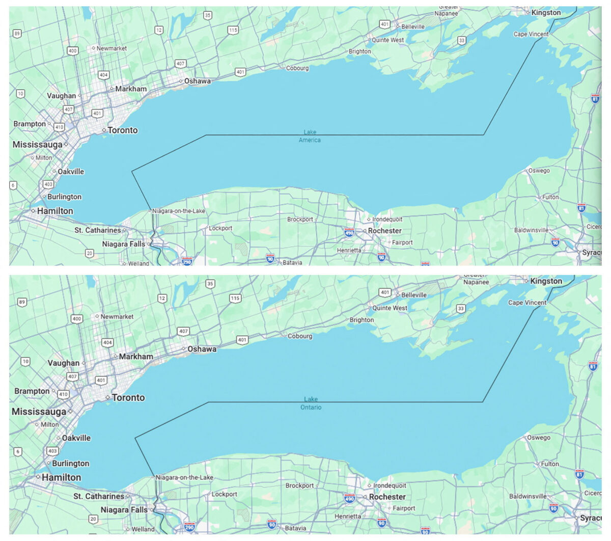 Maps showing the names Lake America and Lake Ontario, after U.S. President Donald Trump announced that he was changing the name of the smallest of the five Great Lakes, appear on Google Maps pages viewable only to U.S.-based users and Canada-based viewers (below) of the service August 30, 2026 in a combination of screenshots. Google