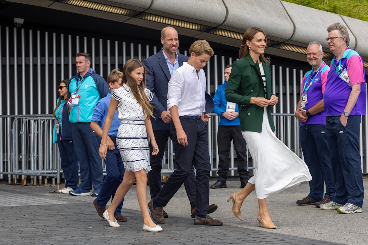 Britain's Kate, Princess of Wales, William, Prince of Wales, Prince George and Princess Charlotte, followed by Prince Louis walk during their visit of Commonwealth Games in Glasgow, Scotland, Saturday August 1, 2026. (Michael McGurk