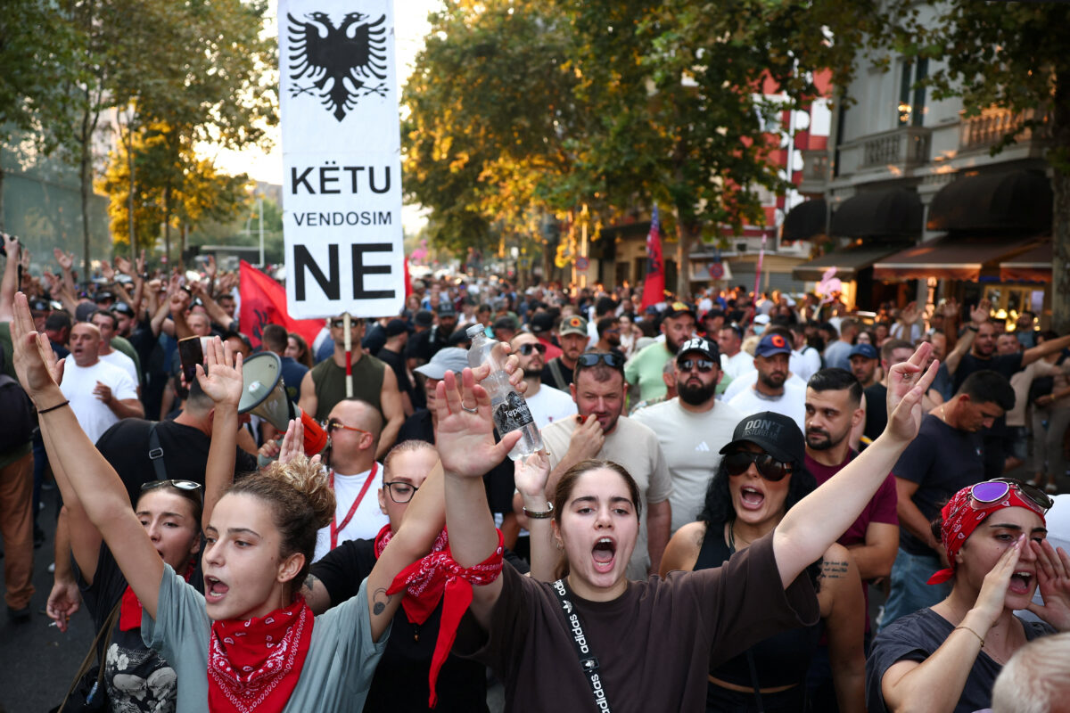 Protesters shout slogans during a demonstration against the government, following months of protests against a planned luxury resort backed by a company linked to Jared Kushner, the son-in-law of U.S. President Donald Trump, on an environmentally sensitive part of the Adriatic coast, in Tirana, Albania, September 8, 2026. REUTERS