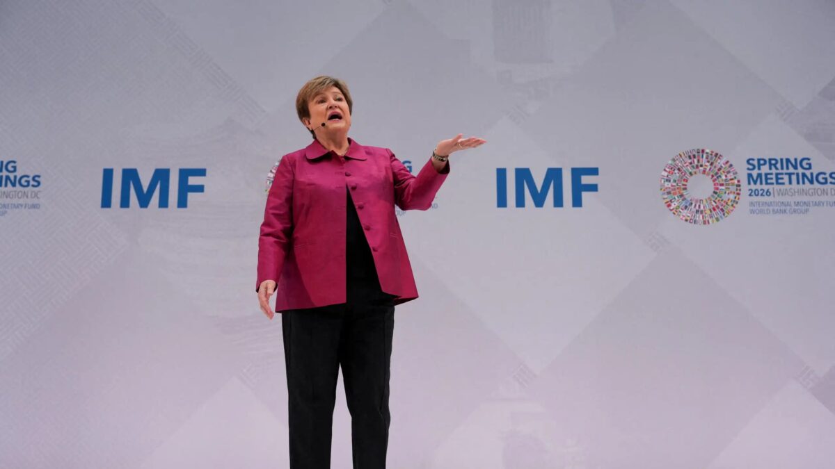 IMF Managing Director Kristalina Georgieva delivers a speech ahead of the IMF/World Bank's spring meetings in Washington