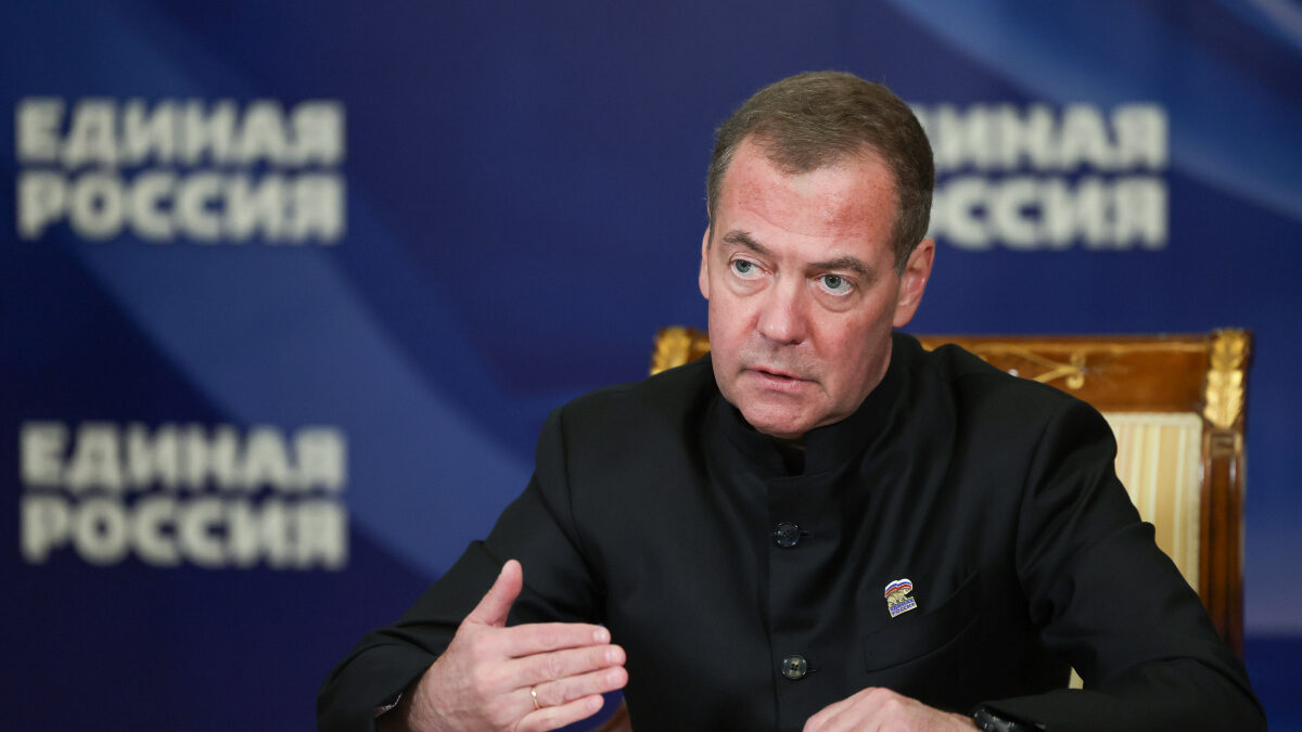Russian Security Council Deputy Chairman and the head of the United Russia party Dmitry Medvedev gestures during a meeting at the Gorki state residence outside Moscow, Russia, Wednesday, Sept. 16, 2026.