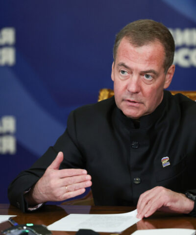 Russian Security Council Deputy Chairman and the head of the United Russia party Dmitry Medvedev gestures during a meeting at the Gorki state residence outside Moscow, Russia, Wednesday, Sept. 16, 2026.
