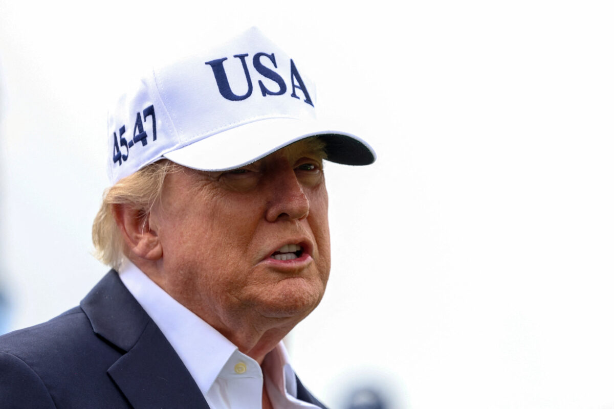 U.S. President Donald Trump looks on during the Amgen Irish Open 2026, at Trump International Golf Links in Doonbeg, County Clare, Ireland, September 13, 2026. REUTERS/Cathal McNaughton