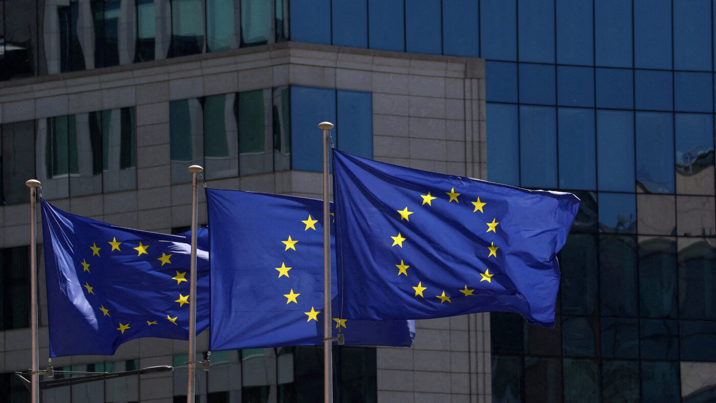 FILE PHOTO: European Union flags flutter outside the European Commission headquarters in Brussels, Belgium April 29, 2026. REUTERS