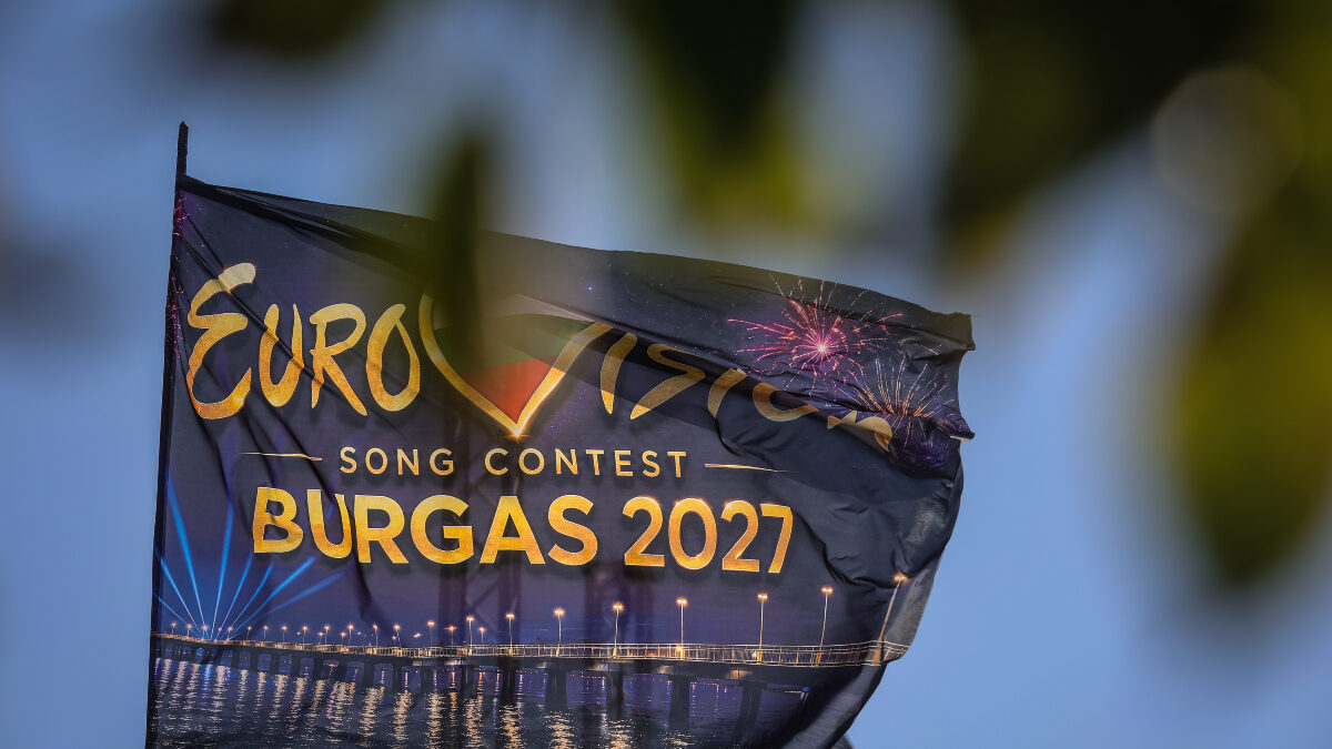 FILE - An Eurovision flag flies at the port of Burgas, on Bulgaria's Black Sea coast, which will host the 71st Eurovision Song Contest in 2027, Friday, Aug. 14, 2026.