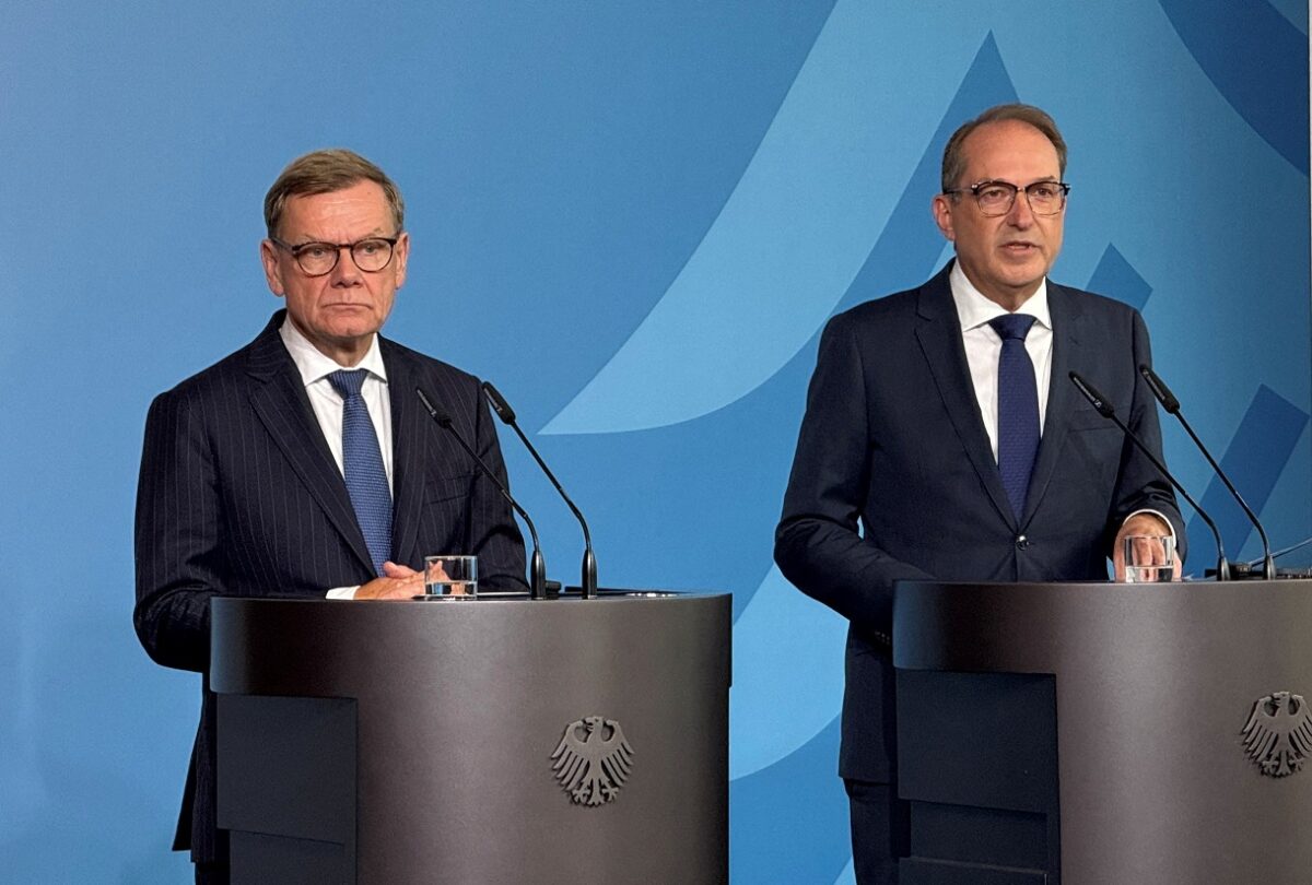 German Interior Minister Alexander Dobrindt and Foreign Minister Johann Wadephul hold a press conference following drone incident at Leipzig airport, in Berlin, Germany, September 1, 2026. REUTERS