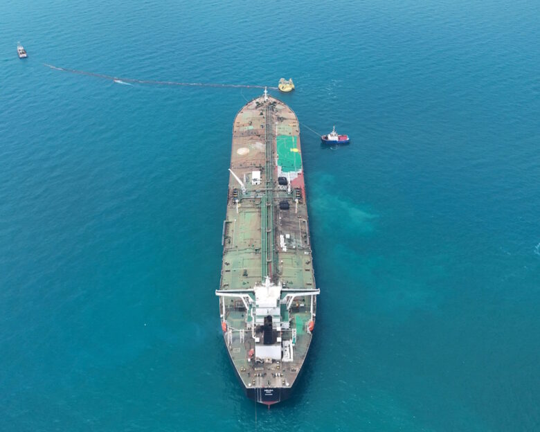 FILE PHOTO: Drone view of oil tanker HELGA berthed at one of Iraq's southern offshore oil terminals near Basra, as it prepares to load crude oil, becoming the second vessel to arrive since the closure of the Strait of Hormuz, April 24, 2026