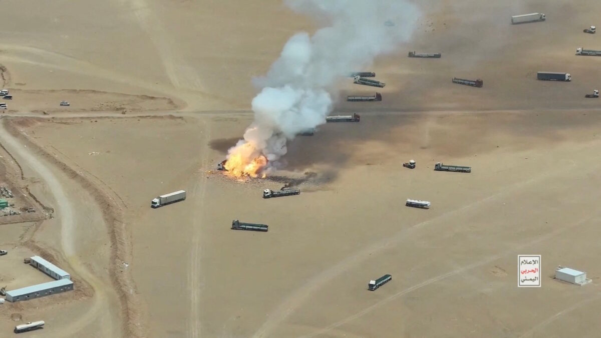 Smoke rises from a burning truck during what the Houthis say was an attack targeting trucks coming from Saudi territory, at Al-Wadiah border crossing near Al-Wadiah, on the Saudi-Yemen border, in this still image obtained from a handout video released September 7, 2026. Houthi Media Centre