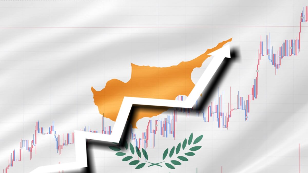 White arrow and stocks chart growth up on the background of the flag of Cyprus