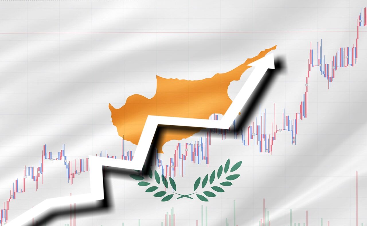White arrow and stocks chart growth up on the background of the flag of Cyprus