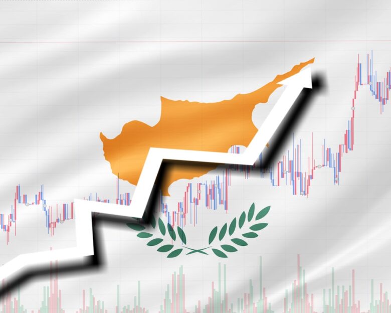 White arrow and stocks chart growth up on the background of the flag of Cyprus