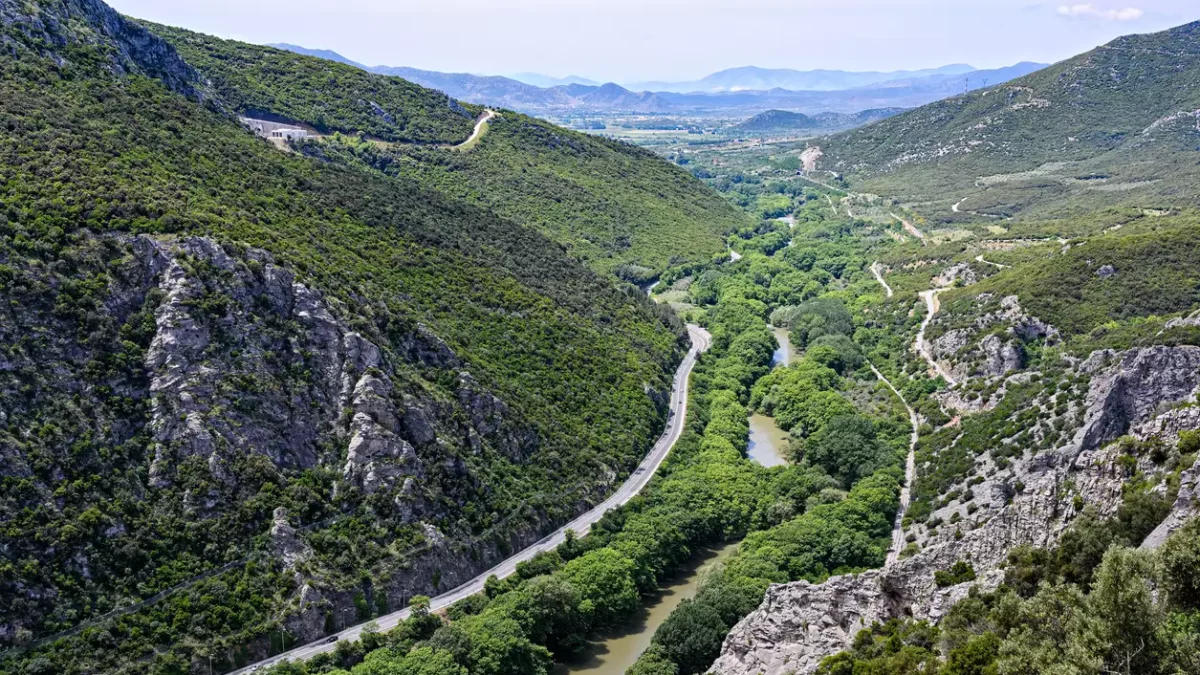 View of the Pineios river and the famous Vale of Tempe, a gorge in the Tempi municipality of northern Thessaly, Greece