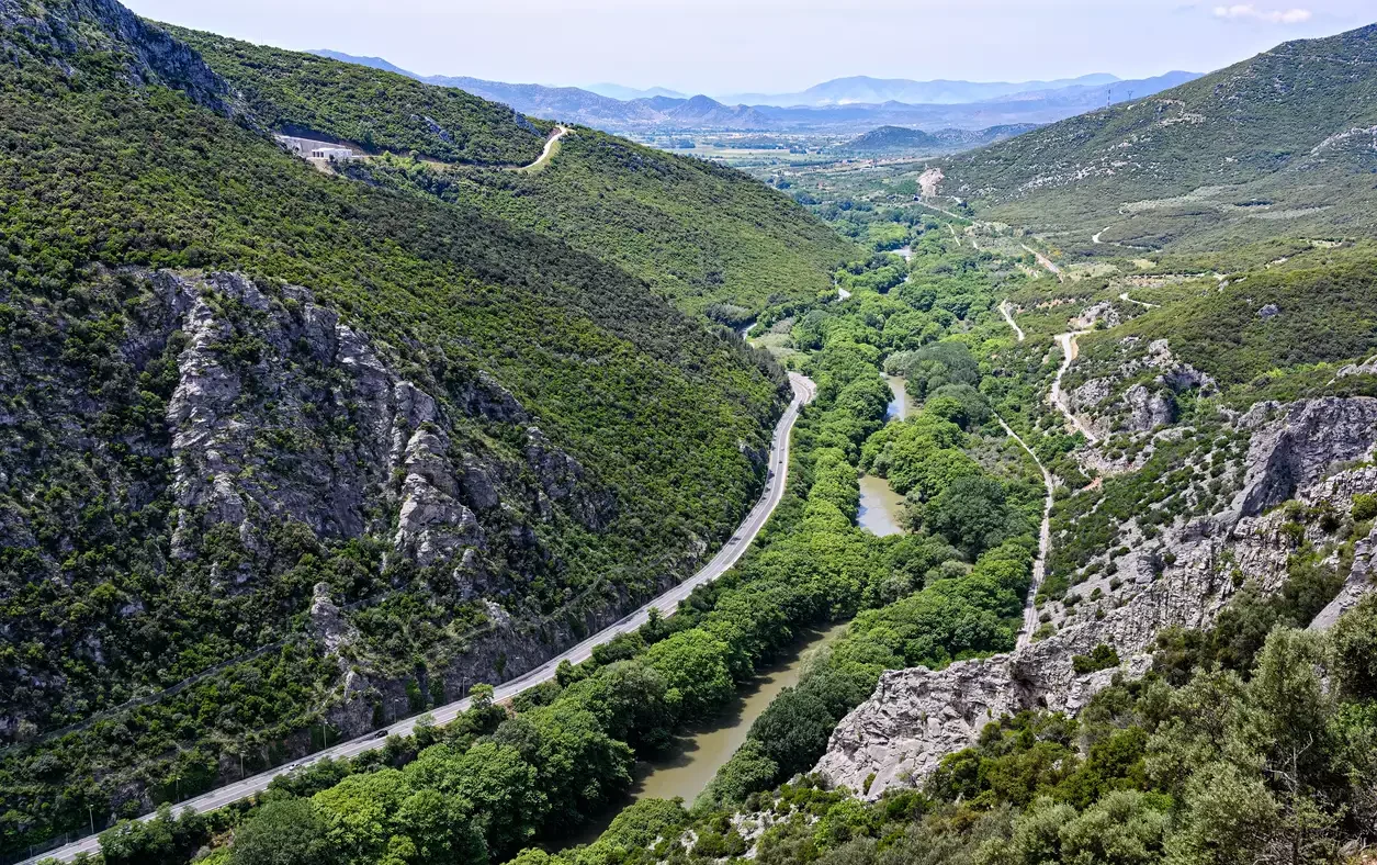 View of the Pineios river and the famous Vale of Tempe, a gorge in the Tempi municipality of northern Thessaly, Greece