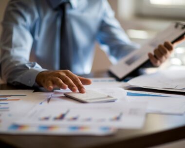 Business accounting concept, Business man using calculator with computer laptop, budget and loan paper in office.